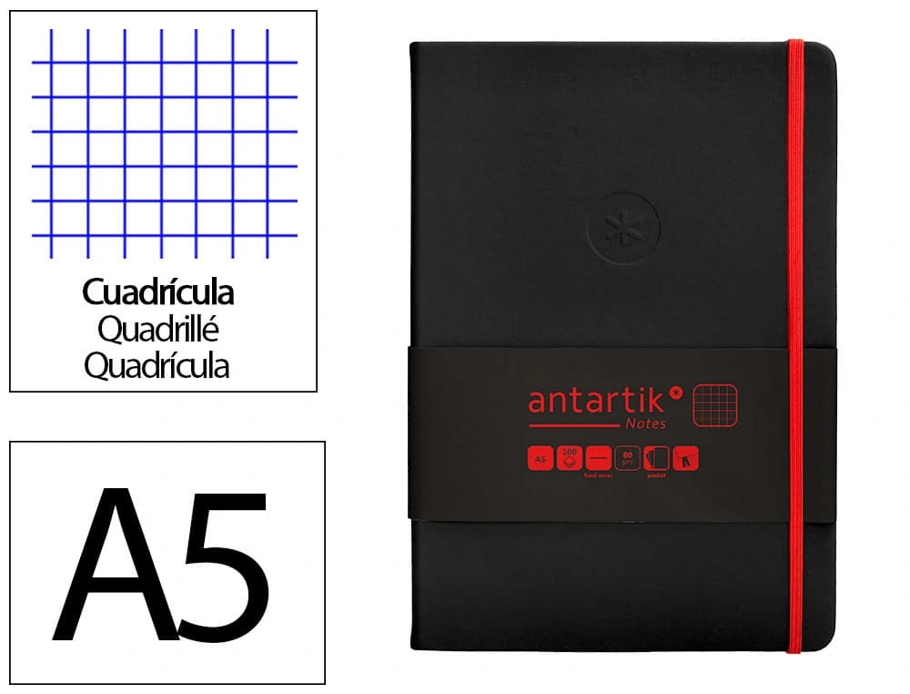 Cuaderno con gomilla antartik notes tapa dura a5 hojas cuadricula y rojo 100 hojas 80 gr fsc