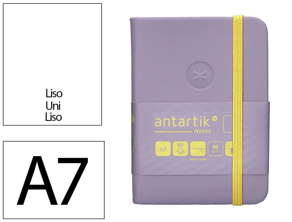 Cuaderno con gomilla Antartik Notes A7 de tapa dura, liso, 80 hojas de 80 g – Morado y amarillo
