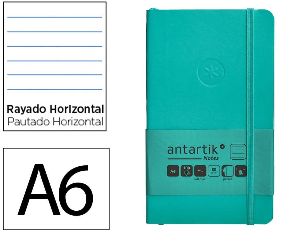 Cuaderno con gomilla Antartik Notes A6 de tapa blanda, rayas, 100 hojas de 80 g – Turquesa