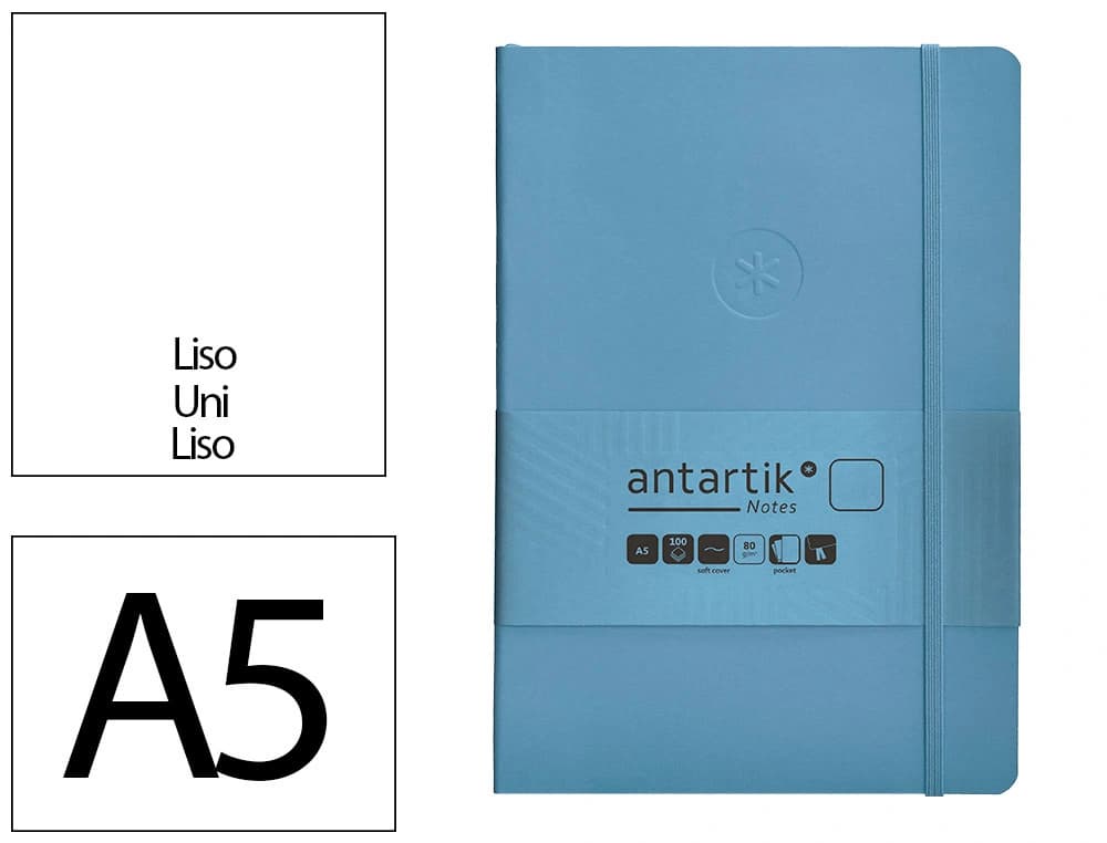 Cuaderno con gomilla Antartik Notes A5 de tapa blanda, liso, 80 hojas de 80 g – Azul claro