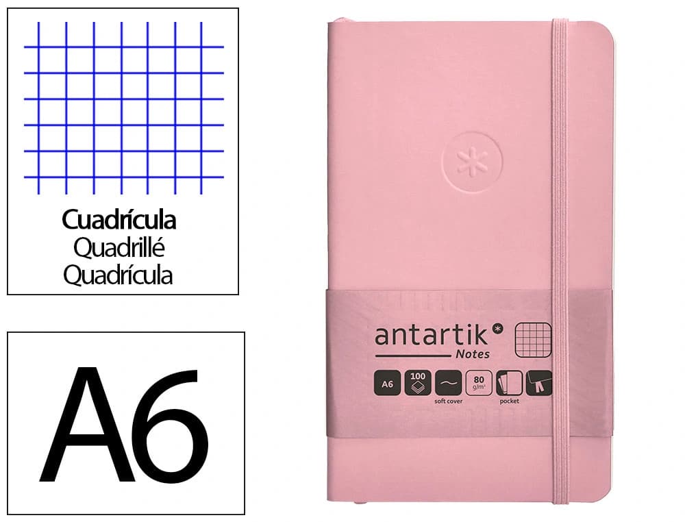 Cuaderno con gomilla Antartik Notes A6 de tapa blanda, cuadrícula, 100 hojas de 80 g – Rosa pastel
