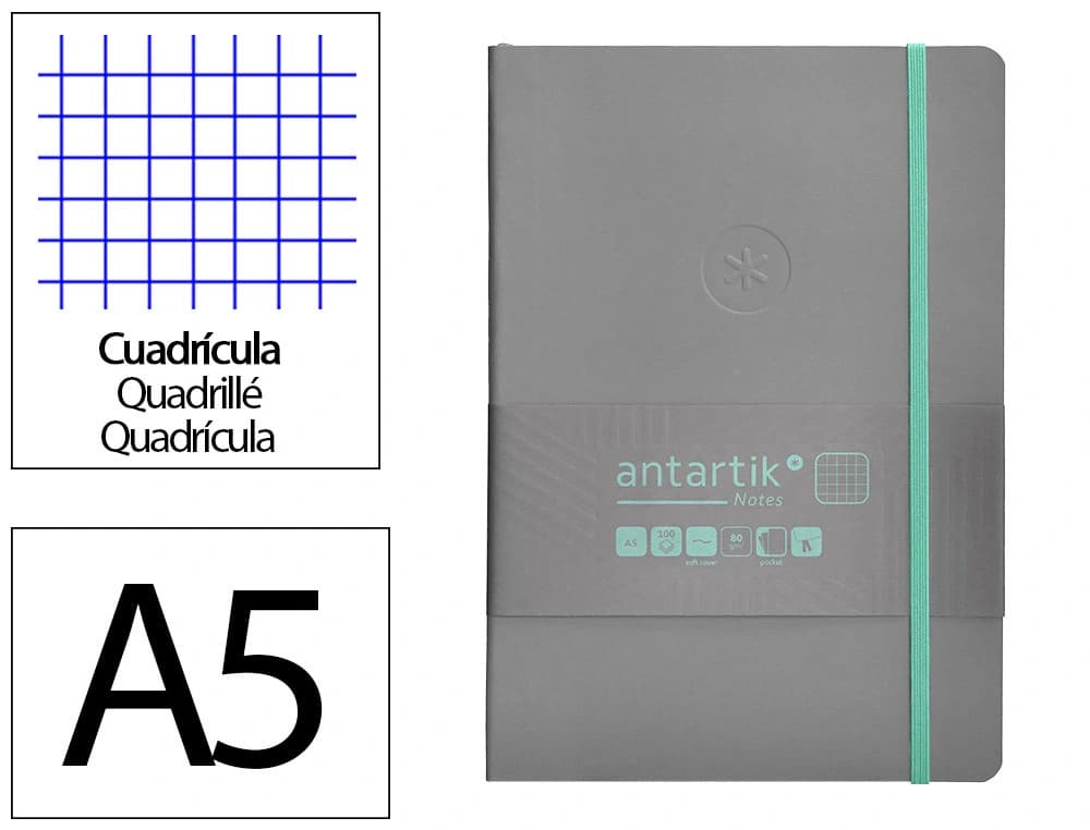 Cuaderno con gomilla Antartik Notes A5 de tapa blanda, cuadrícula, 80 hojas de 80 g – Gris y turquesa