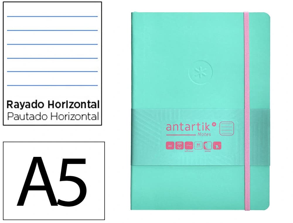Cuaderno con gomilla Antartik Notes A5 de tapa blanda, rayas, 80 hojas de 80 g – Rosa y turquesa