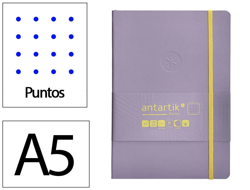 Cuaderno con gomilla Antartik Notes A5 de tapa blanda, puntos, 80 hojas de 80 g – Morado y amarillo