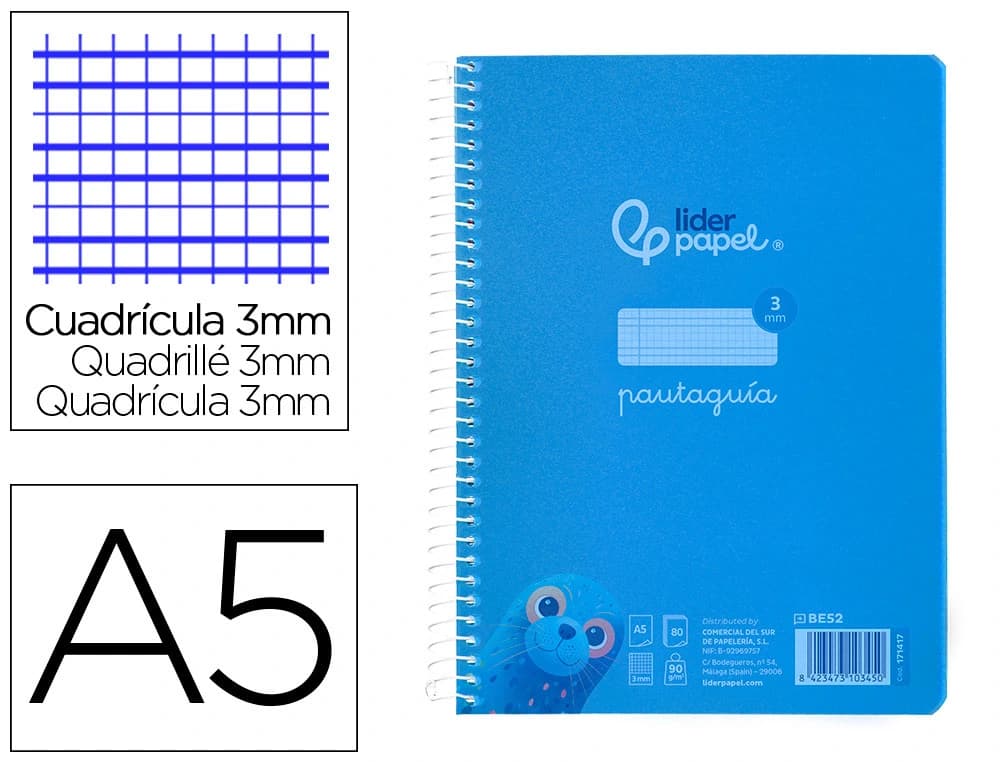Cuaderno espiral liderpapel a5 pautaguia tapa plastico 80h 90gr cuadro pautado 3 mm con margen