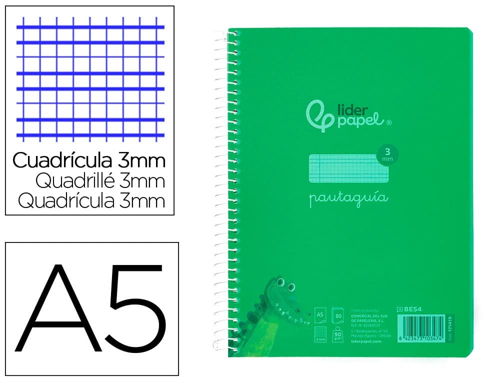 Cuaderno de espiral Liderpapel Pautaguía de tapa de plástico, cuadro pautado de 3 mm con margen, 80 hojas de 90 g – Verde