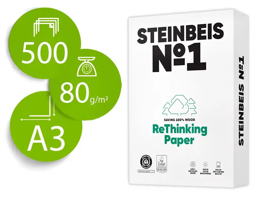 Papel fotocopiadora steinbeis n.1 100% reciclado paquete de 500 hojas — DIN A3 · 297 × 420 mm · 80g · 500 hojas
