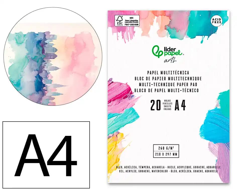 Bloc papel multitecnica liderpapel para acrilico oleo y gouache 20 hojas gramaje 260g/m2