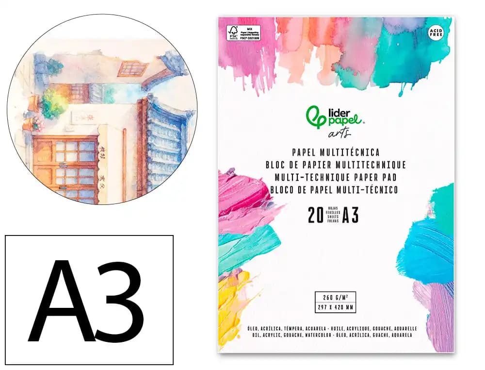 Liderpapel Bloc papel multitecnica liderpapel para acrilico oleo y gouache 20 hojas gramaje