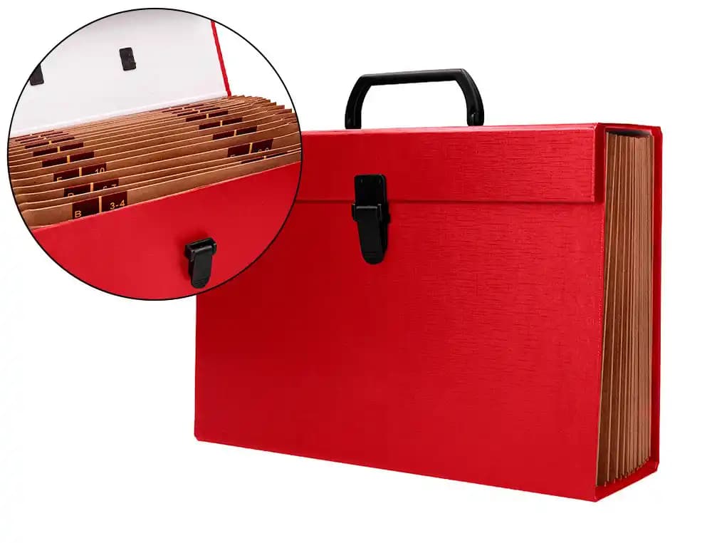 Maletin liderpapel con fuelle y asa carton forrado 19 departamentos 255x390x120 mm colores