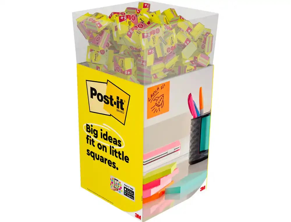 Post-it Bloc de notas adhesivas quita y pon post-it cubo 76x76 mm expositor suelo de 96 unidades surtidas 400x400x900 mm