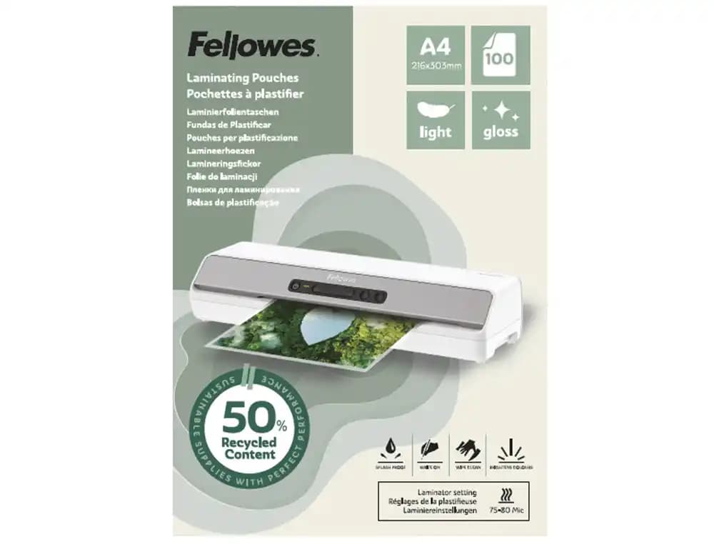 Fellowes Bolsa de plastificar fellowes recicladas brillo 80 mc pack de 100 unidades