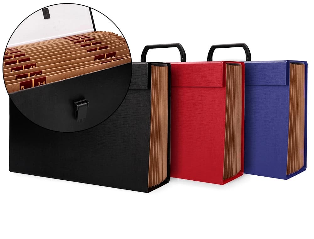 Liderpapel Maletin liderpapel con fuelle y asa carton forrado 19 departamentos 255x390x120 mm colores