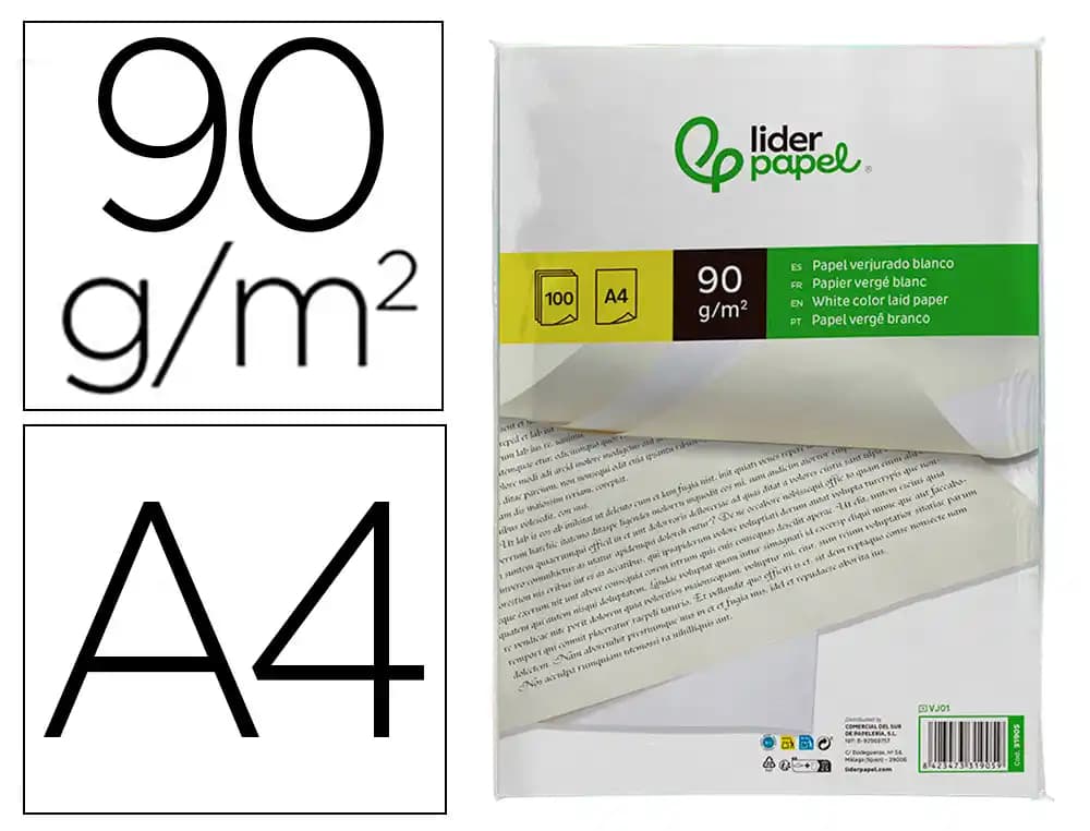 Papel verjurado liderpapel a4 90g/m2 paquete de 100 hojas