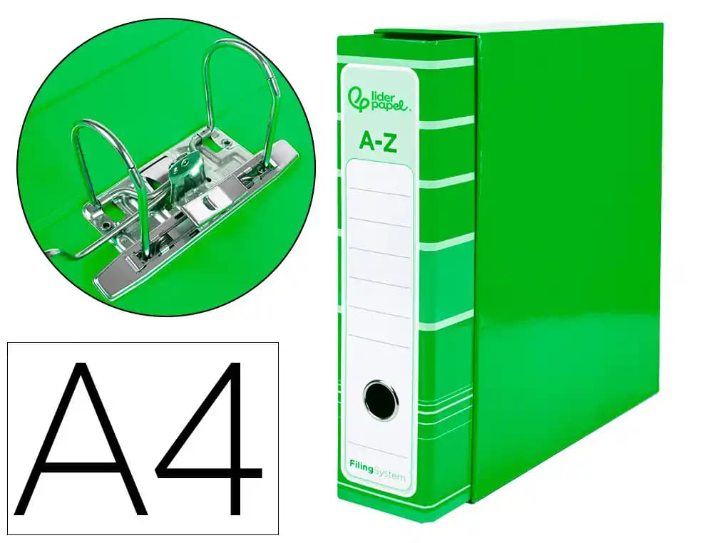 Archivador de palanca Liderpapel Filing System A4 de cartón forrado con caja, sin rado, lomo de 80 mm y compresor metálico – Verde