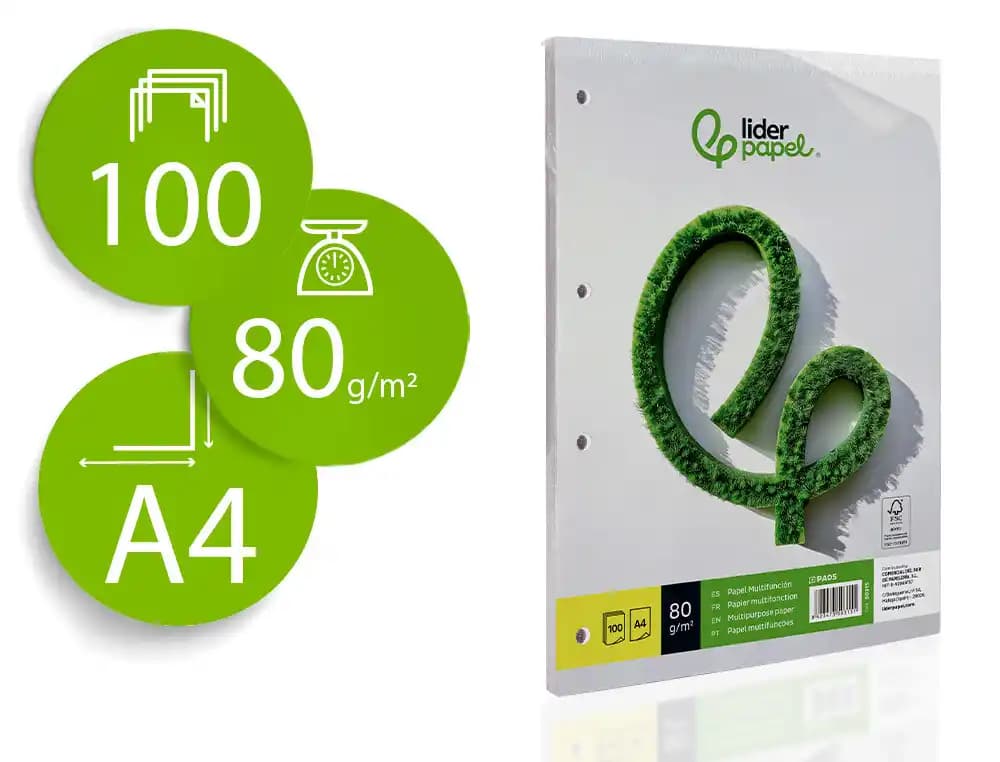 Liderpapel Papel liderpapel din a4 80 gr liso 4 taladros paquete de 100 hojas