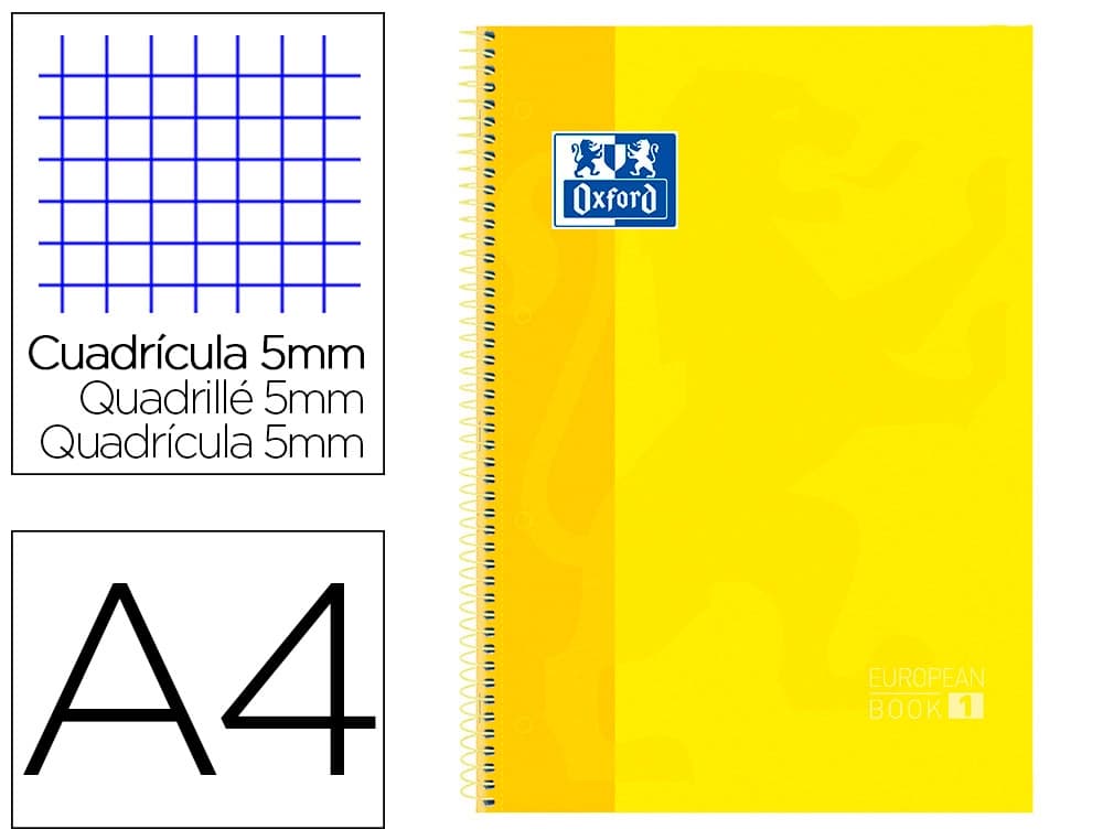 Bloc de espiral Oxford DIN A4 de tapa extradura, microperforado, cuadrícula de 5 mm, 80 hojas – Amarillo