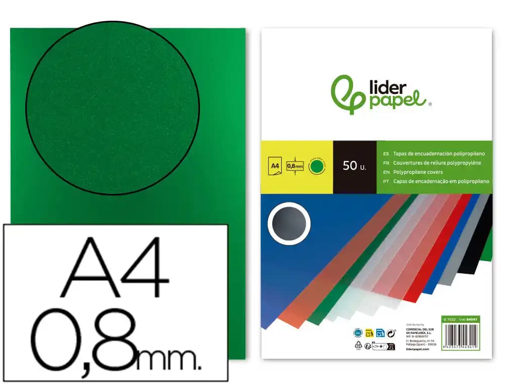 Tapa de encuadernación Liderpapel de polipropileno opaco de 0,8 mm, DIN A4, paquete de 50 unidades – Verde