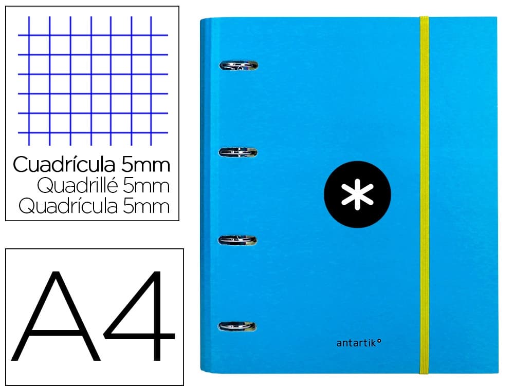 Carpeta con recambio antartik a4 cuadro 5mm forrada 4 anillas 40mm redondas con solapa colores