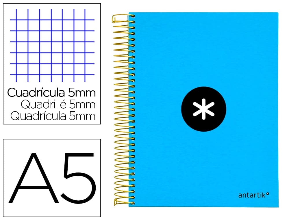 Antartik Cuaderno espiral a5 micro antartik tapa forrada120h 90 gr cuadro 5mm 5 bandas6 taladros