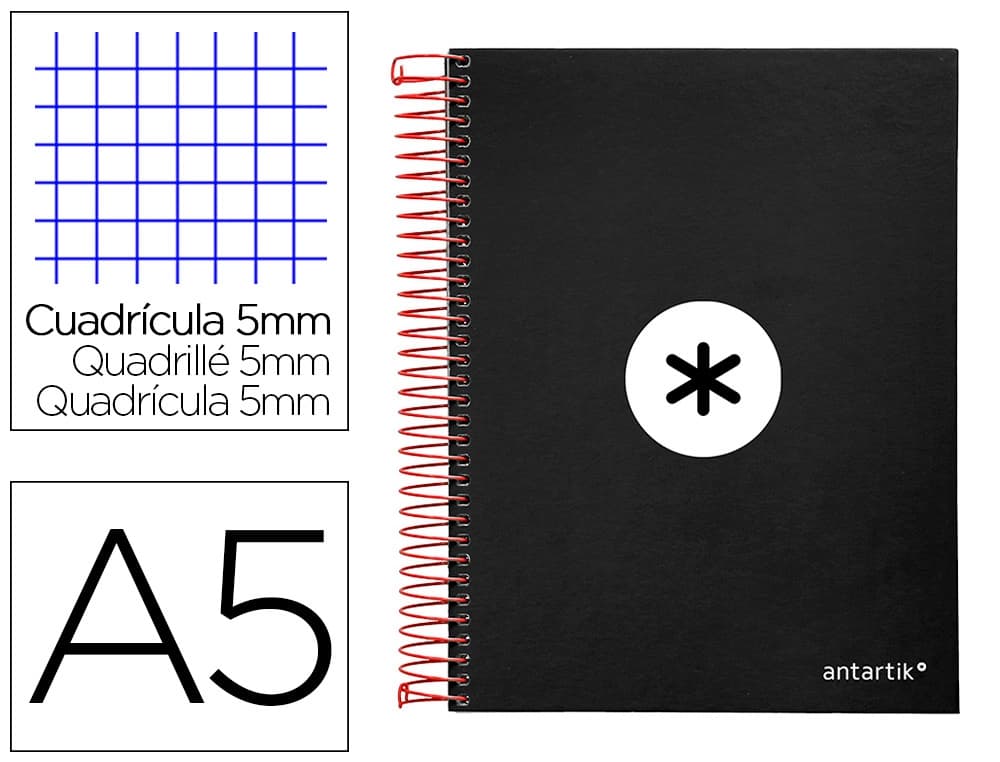 Cuaderno espiral a5 micro antartik tapa forrada120h 90 gr cuadro 5mm 5 bandas6 taladros