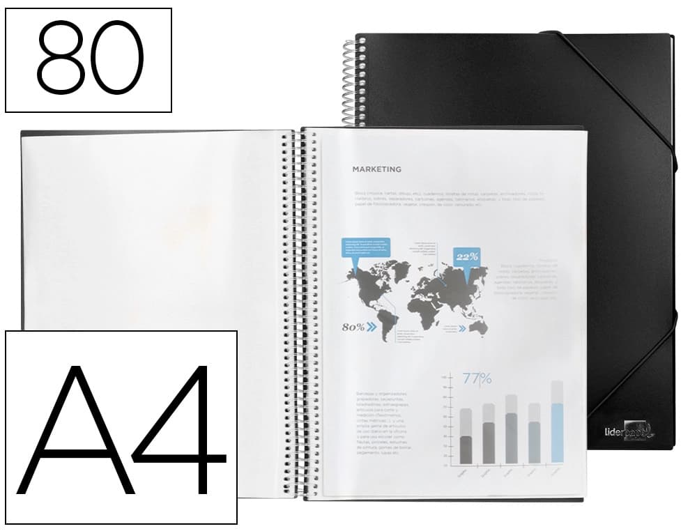 Carpeta escaparate Liderpapel A4 de polipropileno con espiral y 80 fundas, cierre con gomilla – Negro