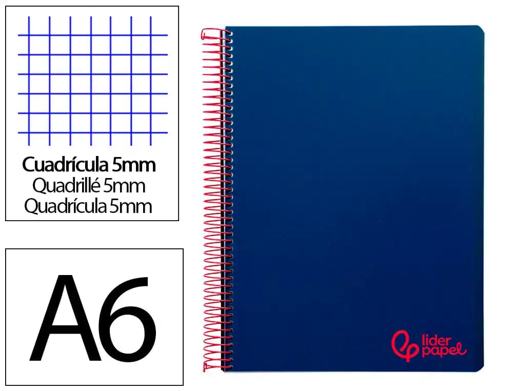 Liderpapel Cuaderno espiral liderpapel a6 micro wonder tapa plastico 120h 90 gr cuadro 5mm 4 bandas color azul marino