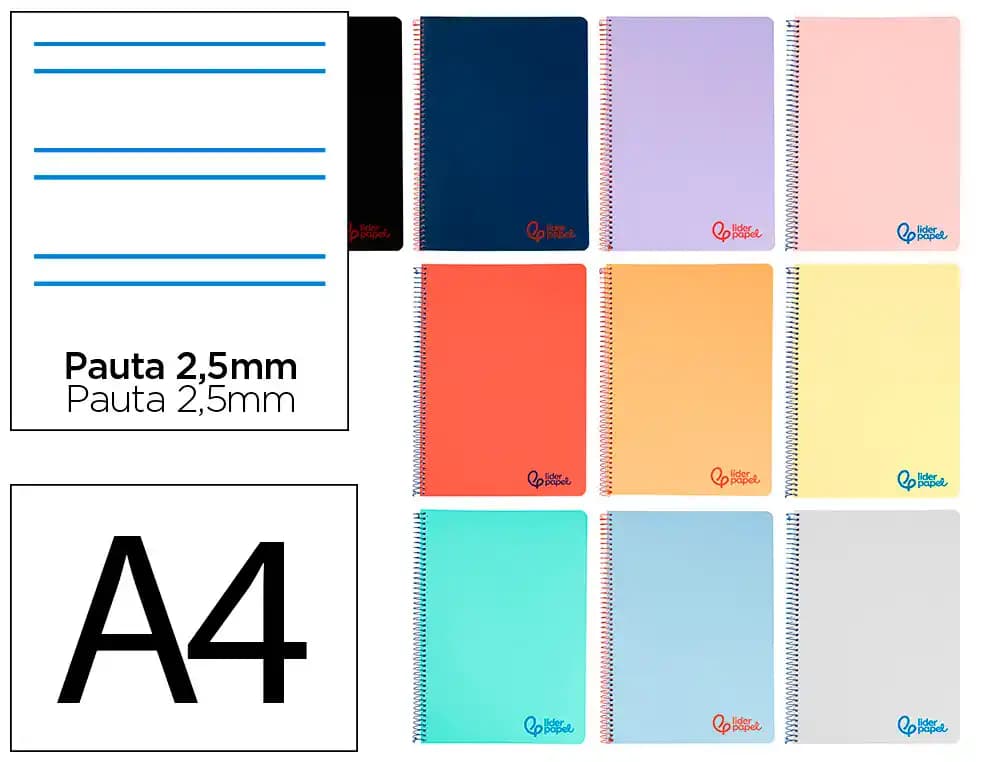 Liderpapel Cuaderno espiral liderpapel a4 wonder tapa plastico 80h 90gr pauta estrecha 2,5mm con margen colores