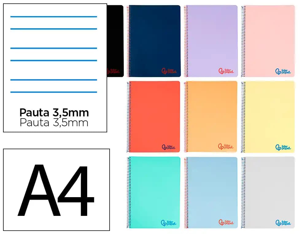 Cuaderno espiral liderpapel a4 wonder tapa plastico 80h 90gr pauta ancha 3,5mm con margen colores