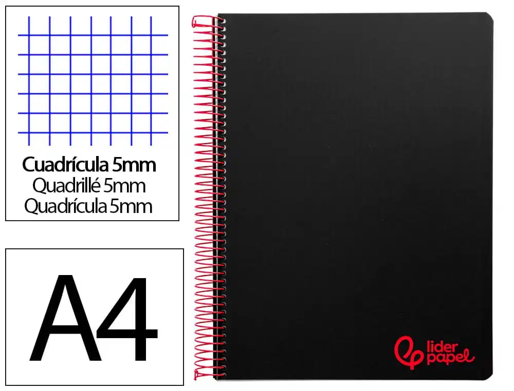 Liderpapel Cuaderno espiral liderpapel a4 micro wonder tapa plastico 120h 90 gr cuadro 5mm 5 bandas 4 taladros color negro