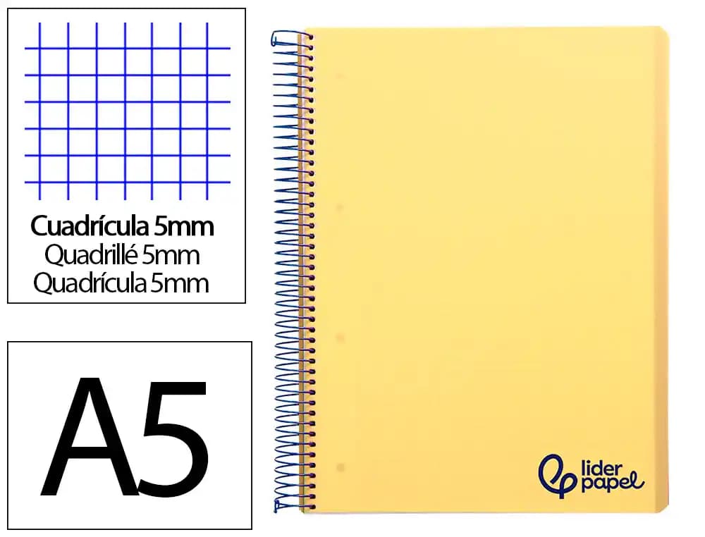 Liderpapel Cuaderno espiral liderpapel a5 micro wonder tapa plastico 120h 90gr cuadro 5mm 5 bandas 6 taladros