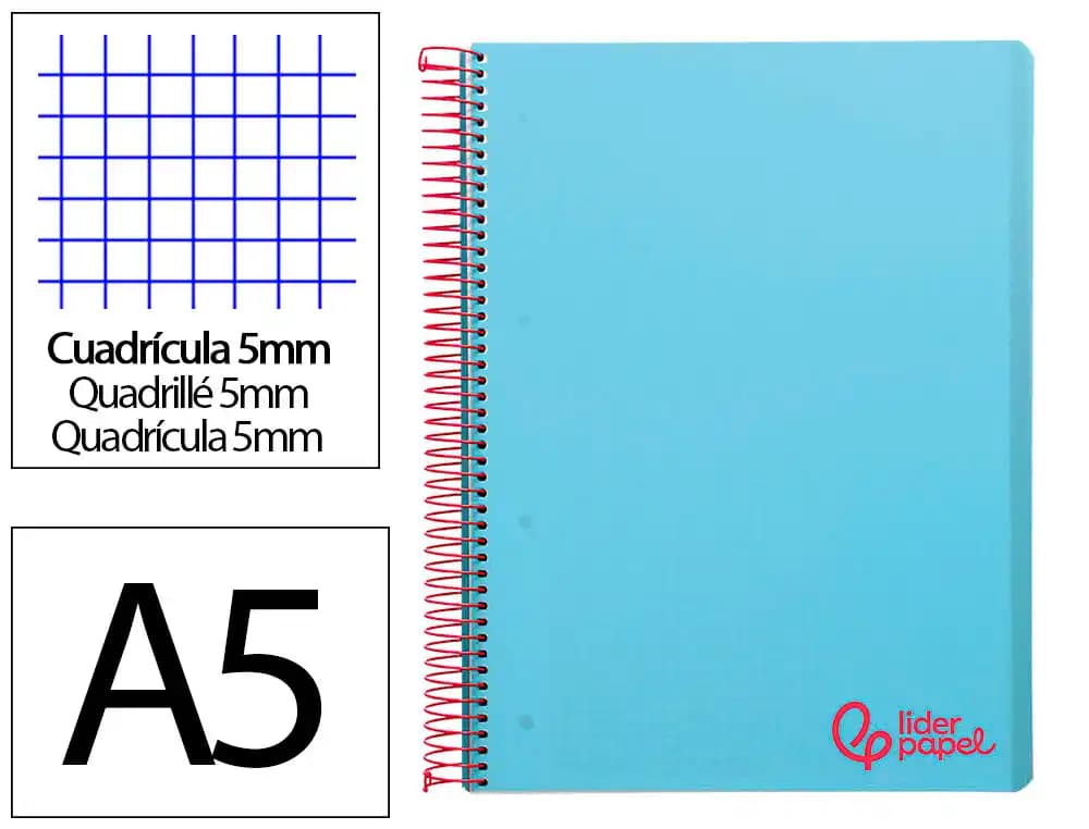 Cuaderno espiral liderpapel a5 micro wonder tapa plastico 120h 90gr cuadro 5mm 5 bandas 6 taladros