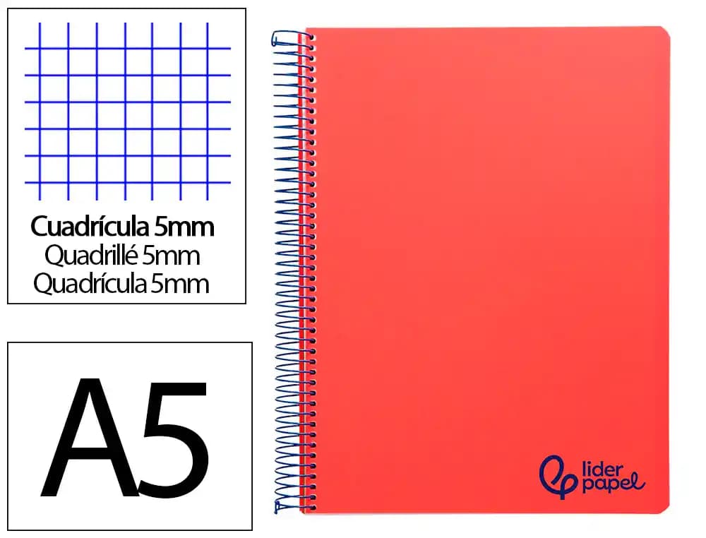 Cuaderno espiral liderpapel a5 micro wonder tapa plastico 120h 90gr cuadro 5mm 5 bandas 6 taladros