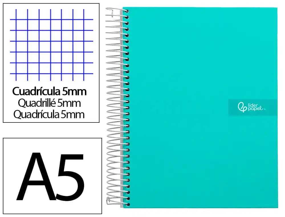 Cuaderno espiral liderpapel a5 micro crafty tapa forrada 120h 90gr cuadro 5mm 5 bandas 6 taladros