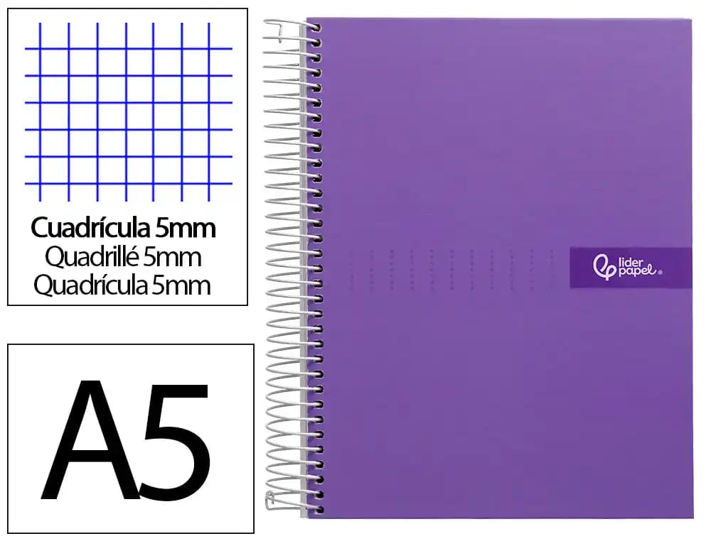 Liderpapel Cuaderno espiral liderpapel a5 micro crafty tapa forrada 120h 90gr cuadro 5mm 5 bandas 6 taladros