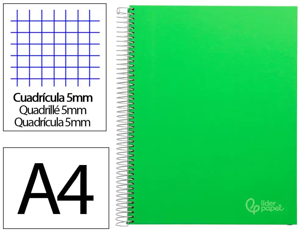Cuaderno espiral liderpapel a4 micro jolly tapa forrada 140h 75gr cuadro 5mm 5 bandas 4 taladros colores
