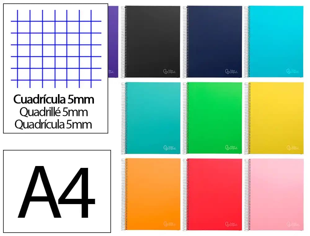 Liderpapel Cuaderno espiral liderpapel a4 micro jolly tapa forrada 140h 75gr cuadro 5mm 5 bandas 4 taladros colores