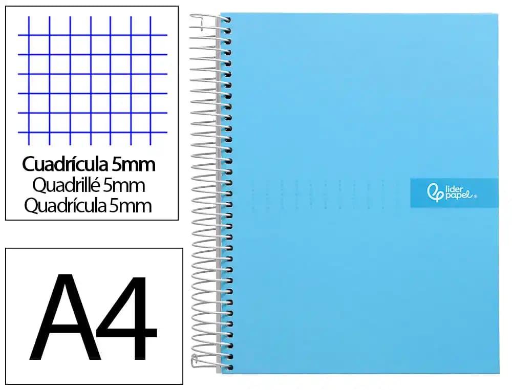 Cuaderno espiral liderpapel a4 micro crafty tapa forrada 120h 90gr cuadro 5mm 5 bandas 4 colores color azul