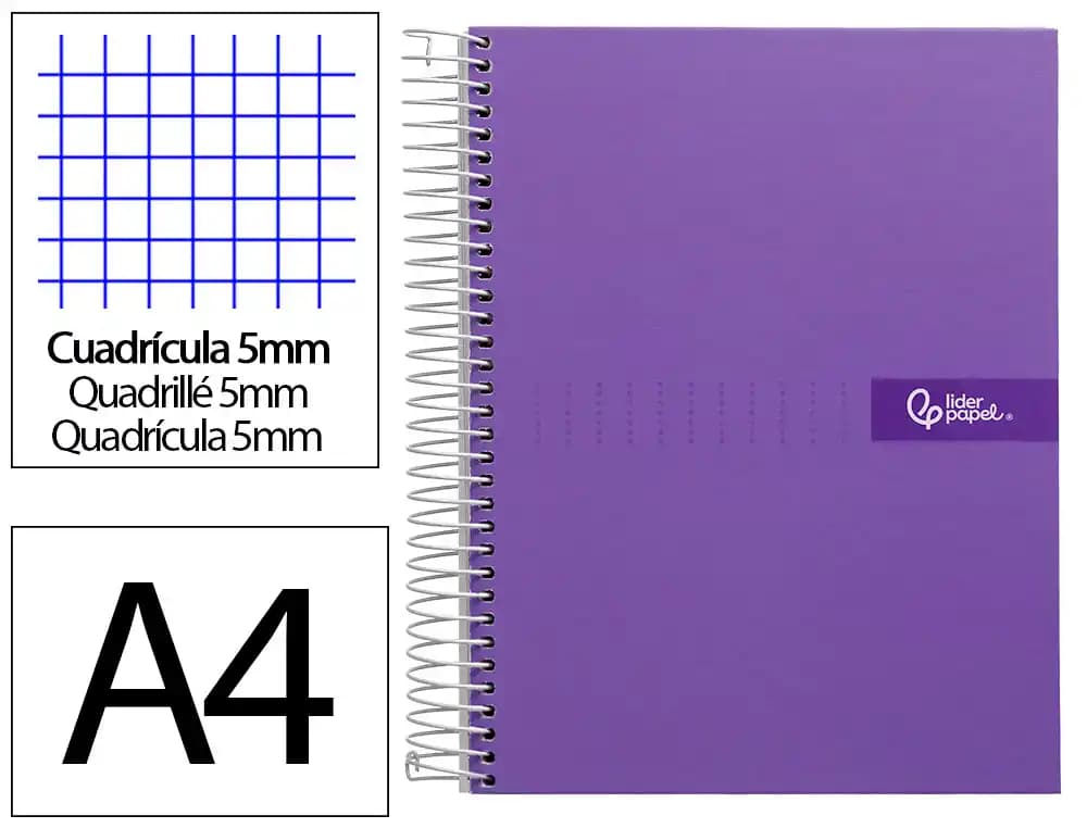 Cuaderno espiral liderpapel a4 micro crafty tapa forrada 120h 90gr cuadro 5mm 5 bandas 4 taladros