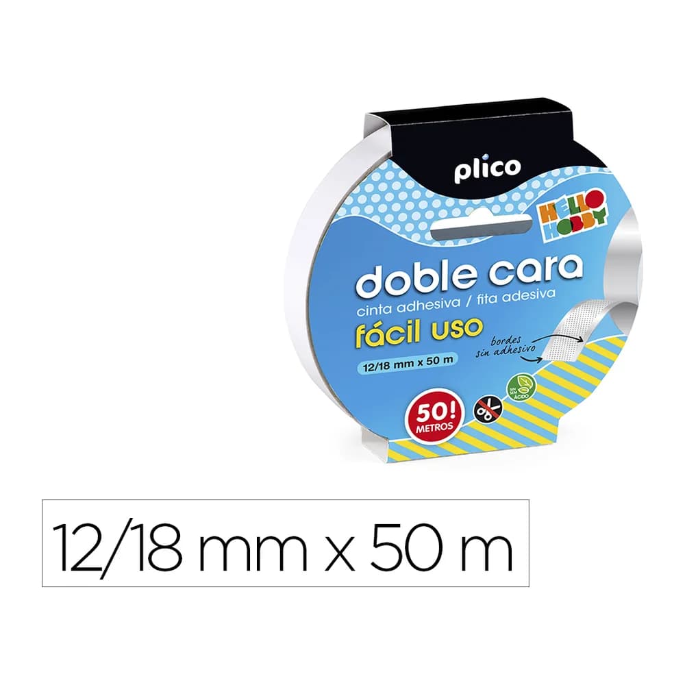 Plico Cinta adhesiva plico doble cara facil uso 50 mt x 12/18 mm