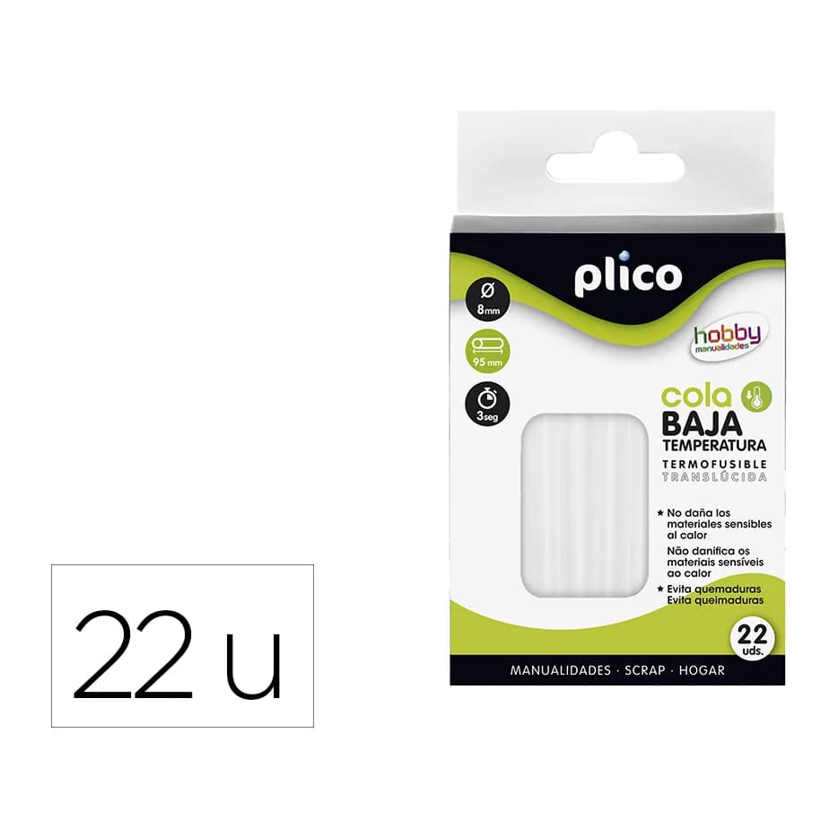 Plico Barra termofusible plico cola baja temperatura 8 mm de diametro x 95 mm de alto blister de 22 unidades