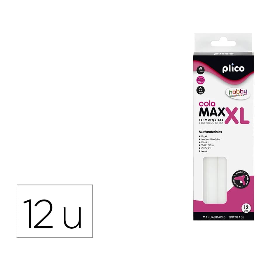 Plico Barra termofusible plico cola max xl baja temperatura 11,5 mm de diametro x 200 mm de alto blister de 12 unidades