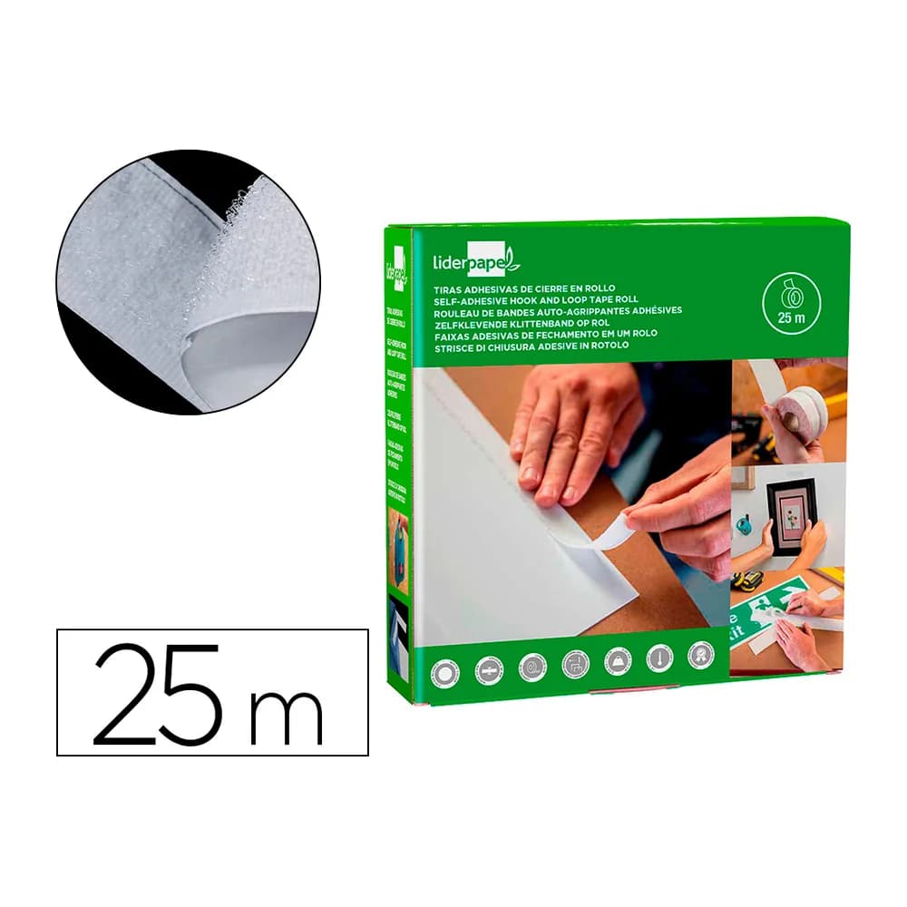Liderpapel Cinta de cierre adhesiva liderpapel velcro blanco 20mm x 25m