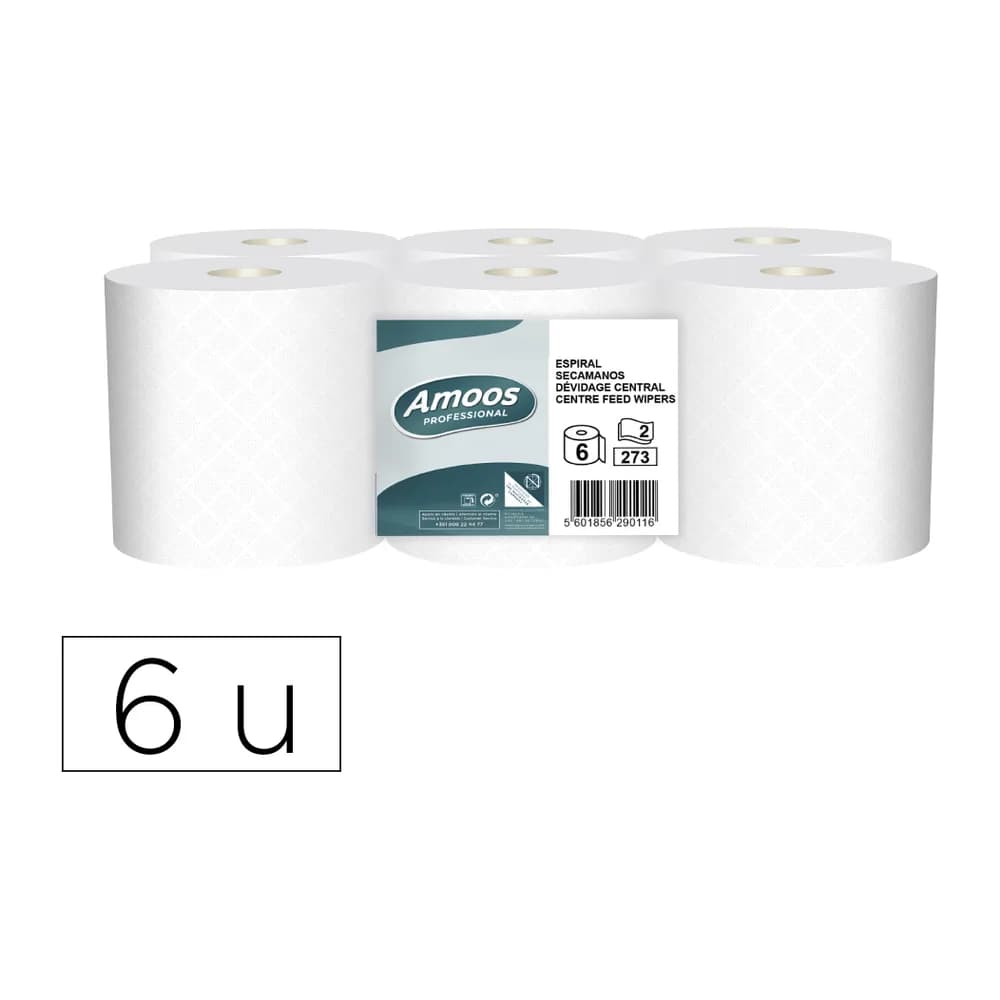 Amoos Papel secamanos amoos industrial 2 capas 32g/m2 blanco 90 mt paquete de 6 rollos