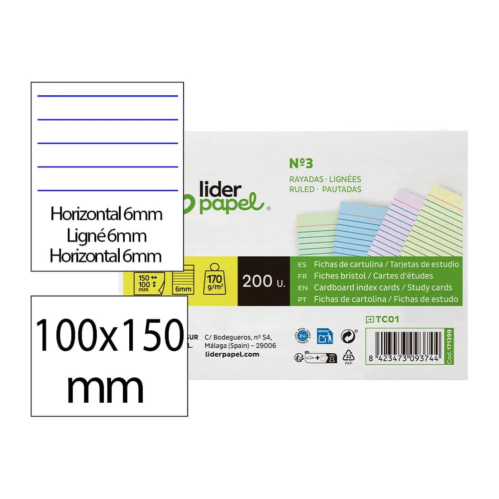 Liderpapel Tarjeta liderpapel para estudiar rayada cartulina de colores 170gr 100x150mm paquete de 200 unidades