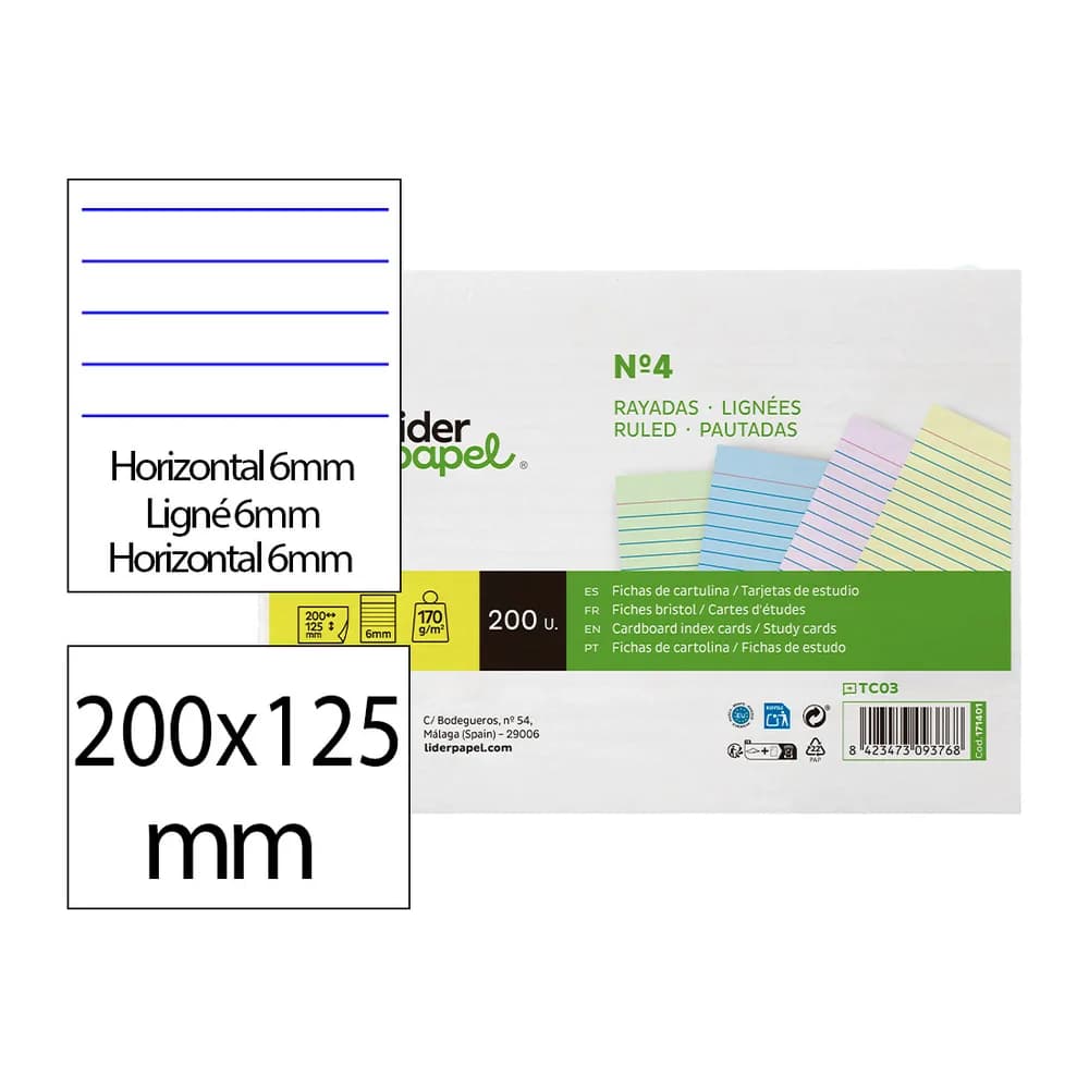 Liderpapel Tarjeta liderpapel para estudiar rayada cartulina de colores 170gr 125x200mm paquete de 200 unidades