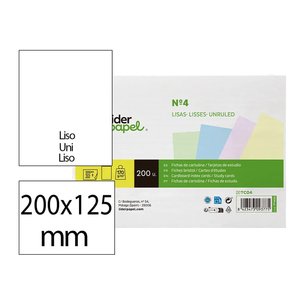 Liderpapel Tarjeta liderpapel para estudiar lisa cartulina de colores 170gr 125x200mm paquete de 200 unidades
