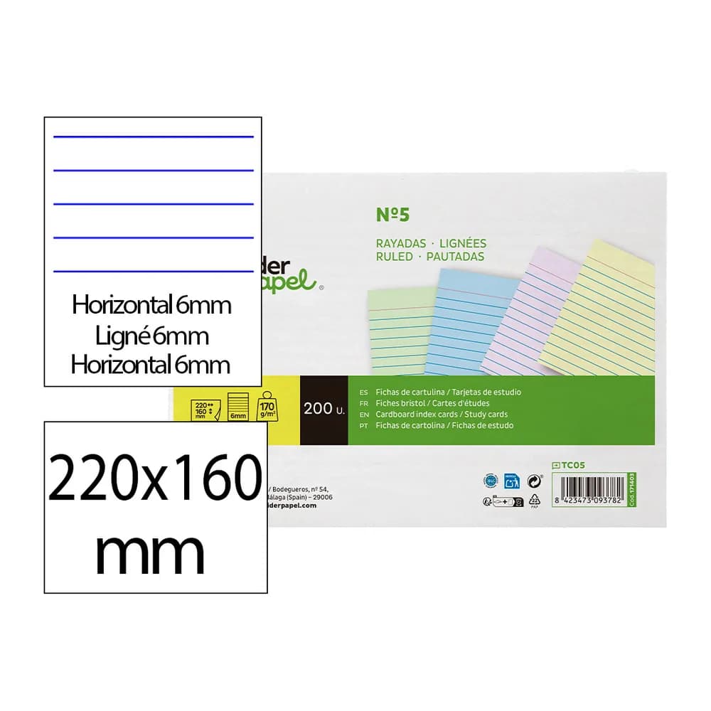 Liderpapel Tarjeta liderpapel para estudiar rayada cartulina de colores 170gr 160x220mm paquete de 200 unidades