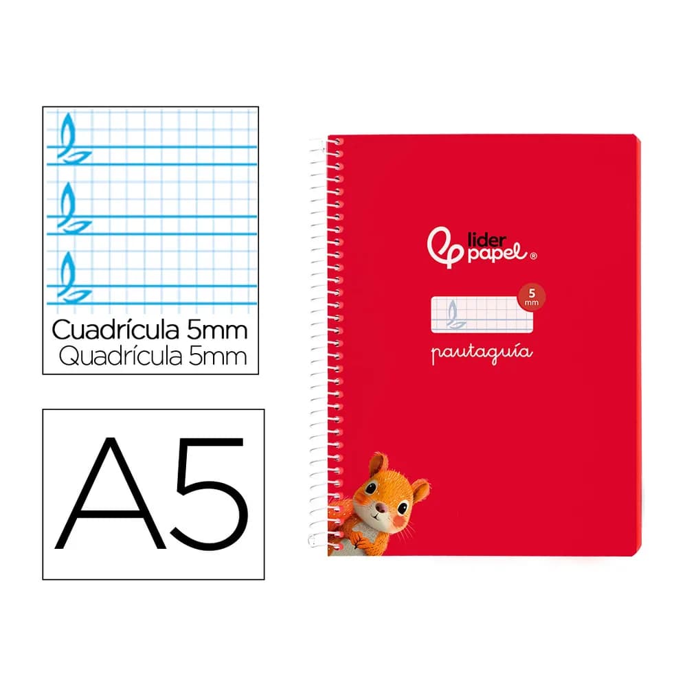 Liderpapel Cuaderno espiral liderpapel a5 pautaguia tapa blanda 40h 75gr cuadro pautado 5mm color rojo