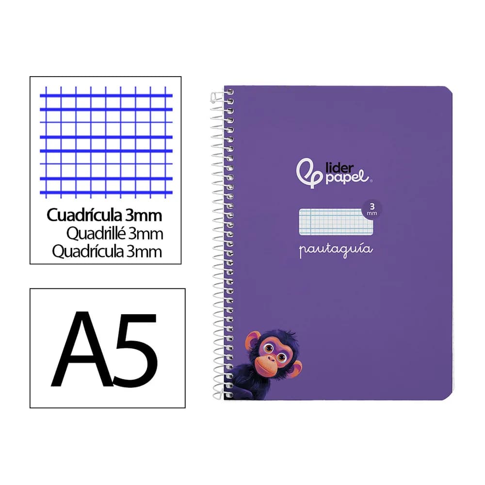 Liderpapel Cuaderno espiral liderpapel a5 pautaguia tapa dura 80h 90gr cuadro pautado 3mm color lila